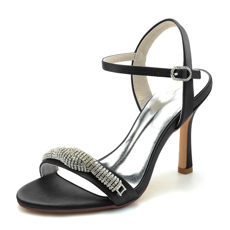 Women's Wedding Shoes High Heel Opened Toe Buckle Bridal Shoes with Spiral Rhinestones