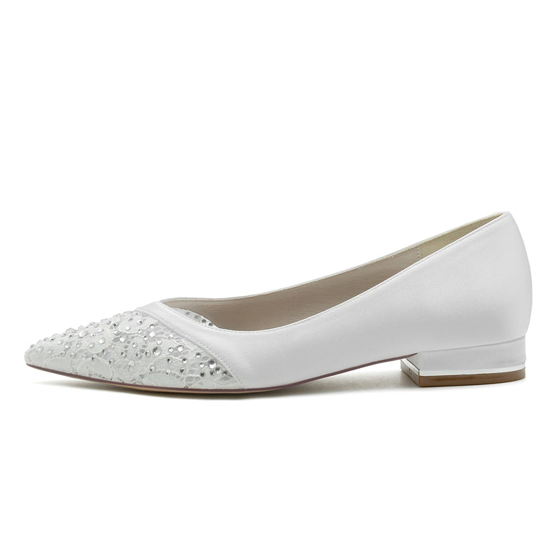 Women's Wedding Shoes Low Heel Pointed Toe Minimalist Bridal Shoes with Crystals