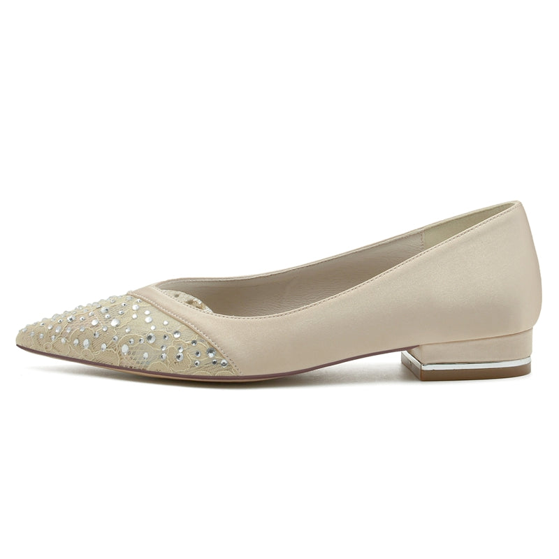 Women's Wedding Shoes Low Heel Pointed Toe Minimalist Bridal Shoes with Crystals