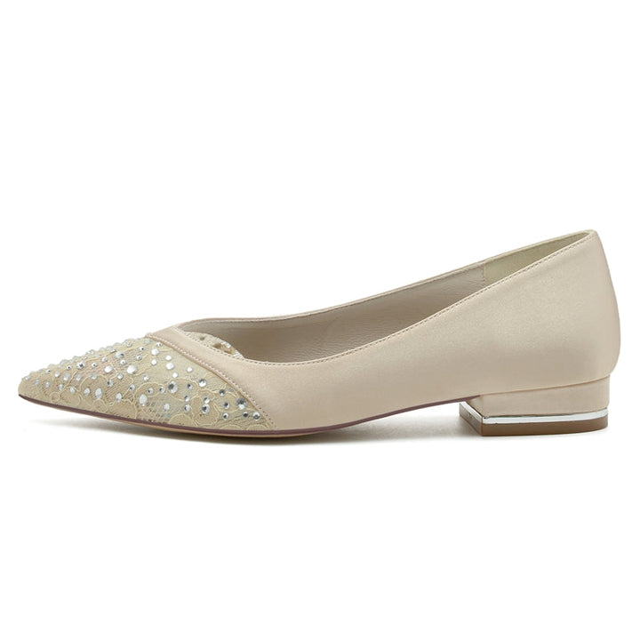 Women's Wedding Shoes Low Heel Pointed Toe Minimalist Bridal Shoes with Crystals