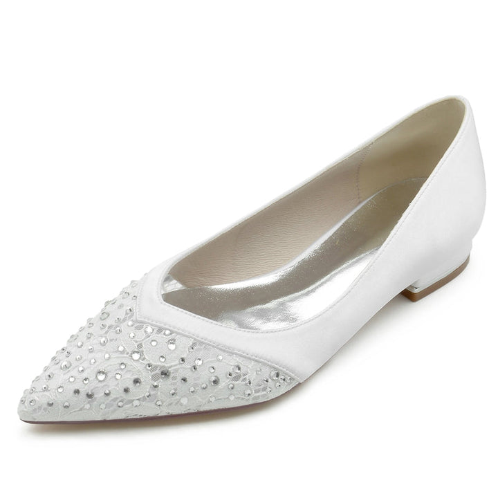 Women's Wedding Shoes Low Heel Pointed Toe Minimalist Bridal Shoes with Crystals