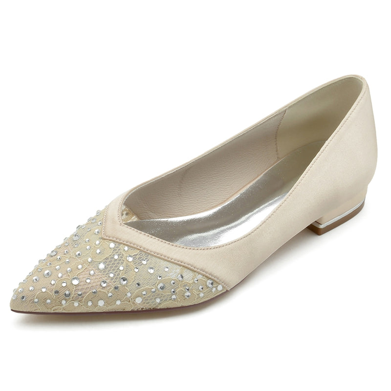 Women's Wedding Shoes Low Heel Pointed Toe Minimalist Bridal Shoes with Crystals