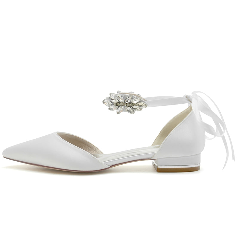 Women's Wedding Shoes Closed Toe Flat Heel Rhinestone High-End Buckle Bridal Shoes with Bow