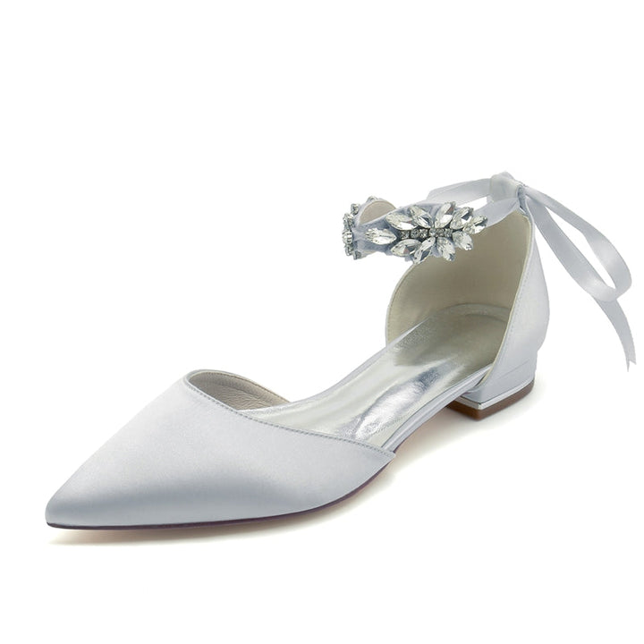 Women's Wedding Shoes Closed Toe Flat Heel Rhinestone High-End Buckle Bridal Shoes with Bow