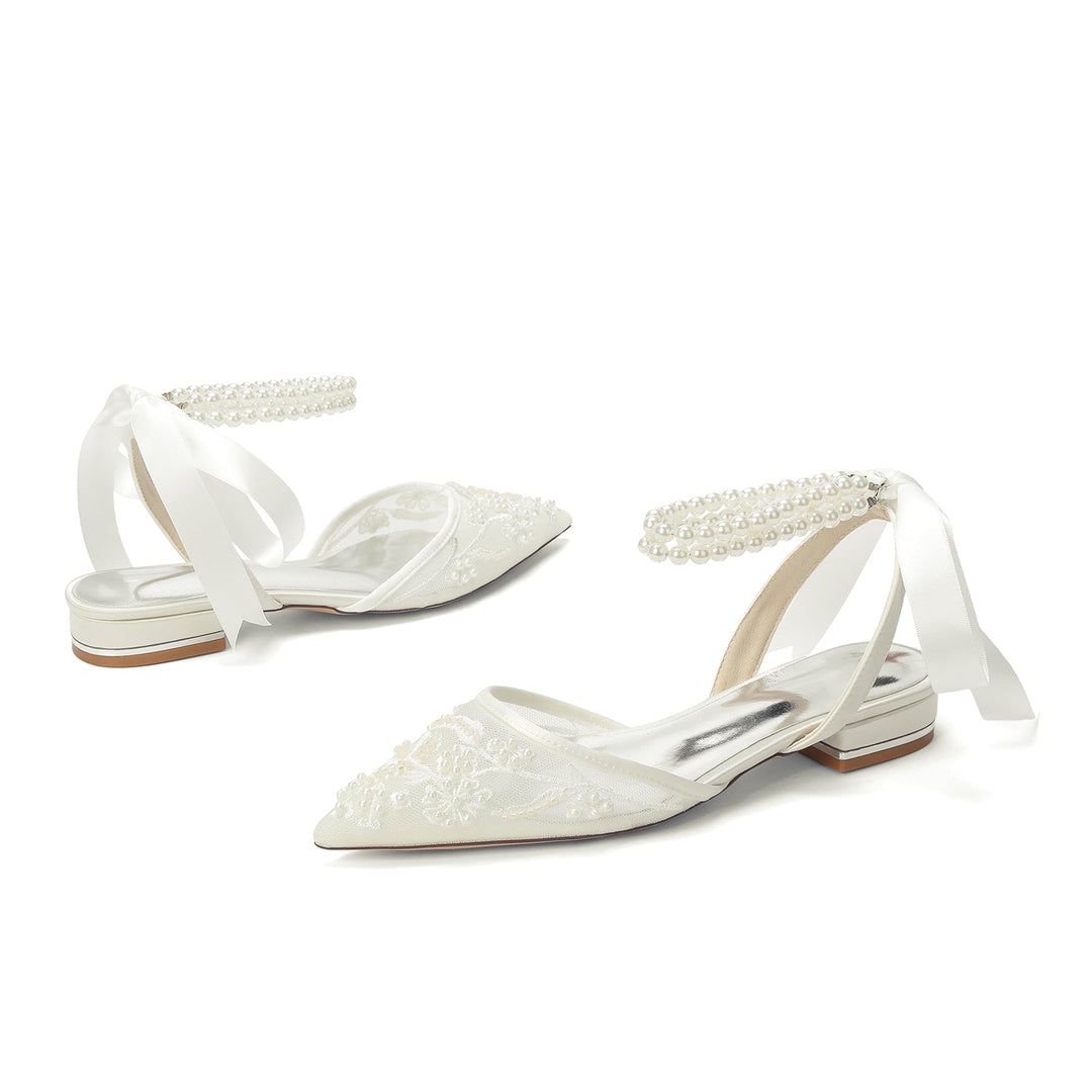 Women's Wedding Shoes Closed Toe Flat Heel High-End Buckle Bridal Shoes Beading with Pearl