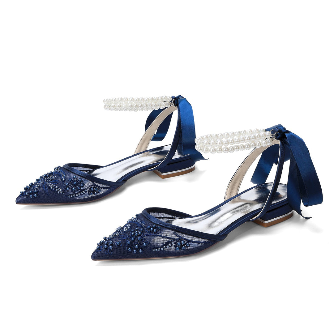 Women's Wedding Shoes Closed Toe Flat Heel High-End Buckle Bridal Shoes Beading with Pearl