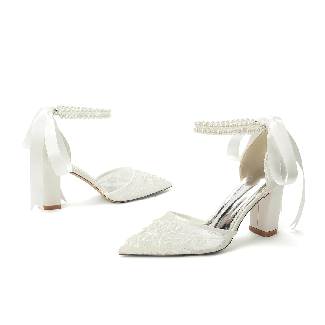 Women's Wedding Shoes Closed Toe High Heel High-End Buckle Bridal Shoes Beading with Pearl