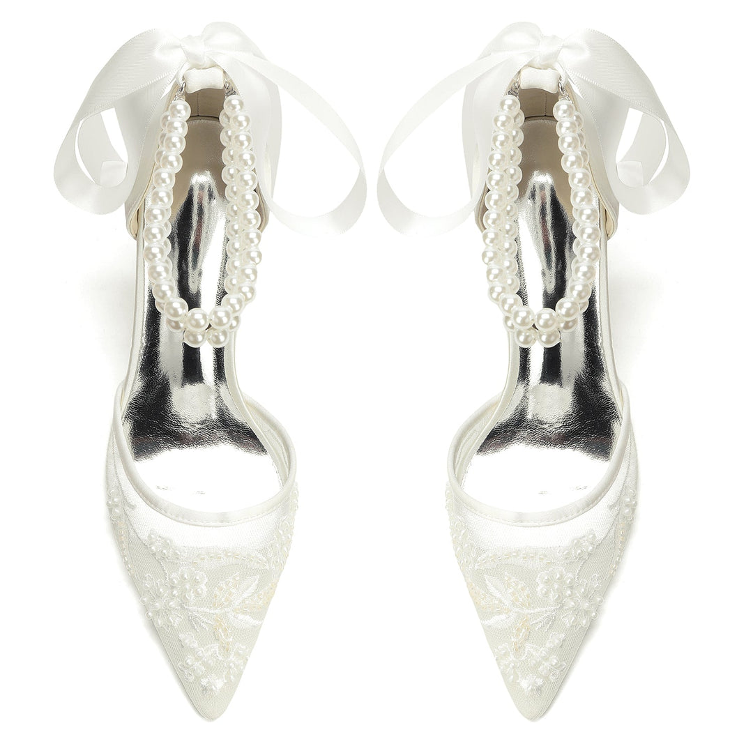 Women's Wedding Shoes Closed Toe High Heel High-End Buckle Bridal Shoes Beading with Pearl