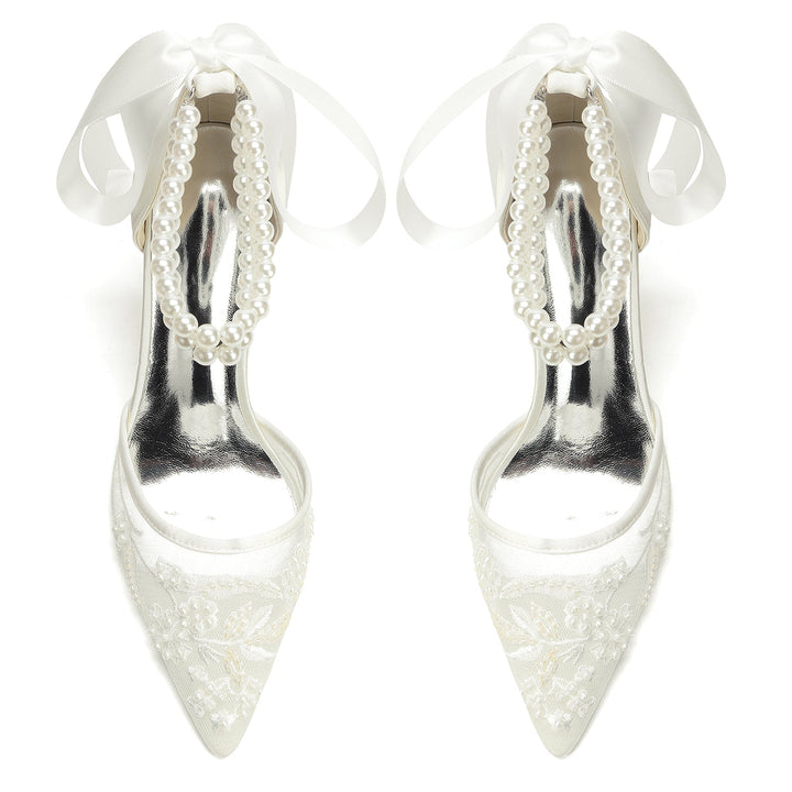 Women's Wedding Shoes Closed Toe High Heel High-End Buckle Bridal Shoes Beading with Pearl