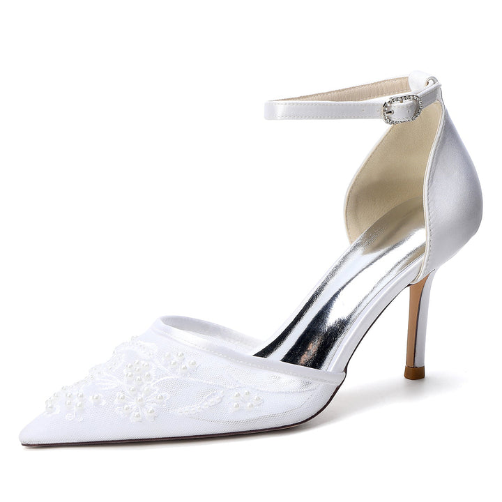Women's Wedding Shoes Closed Toe High Heel High-End Buckle Bridal Shoes Beading