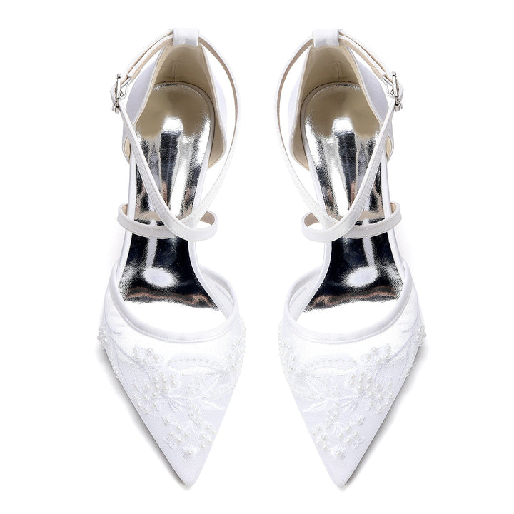 Women's Wedding Shoes Closed Toe High Heel High-End Buckle Bridal Shoes Crisscross Beading