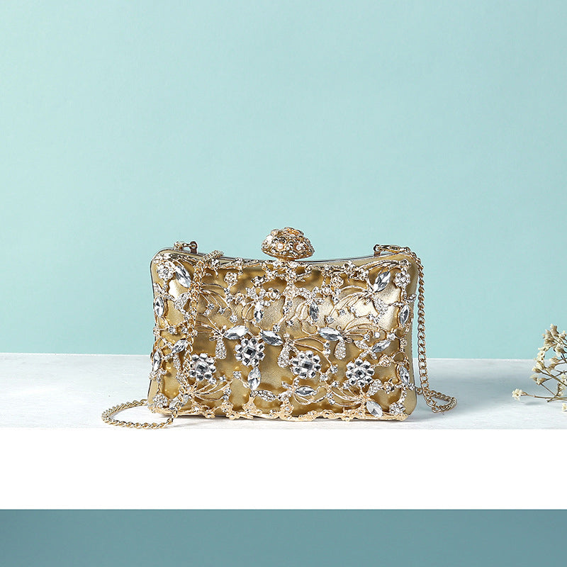 White Luxurious Delicate Square Evening Wedding Party Clutch Bag with Flower & Rhinestone