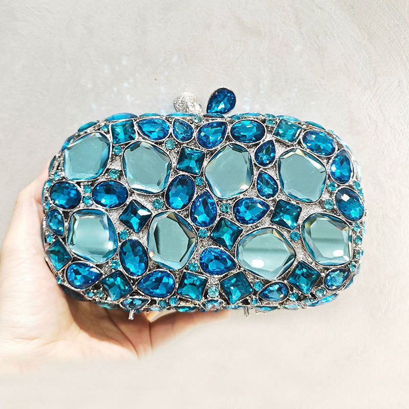 Elegant Retro Irregular Glass Diamond Encrusted Square Evening Wedding Party Clutch Bag
