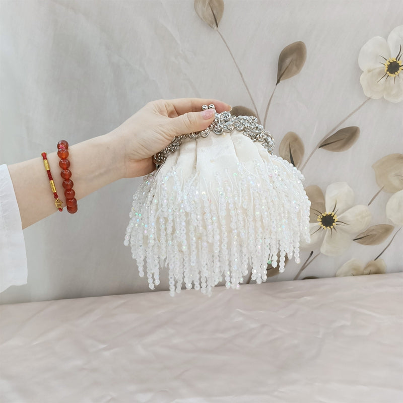 Beige Retro Silk Elegant Chain Evening Hand Bag with Beadings & Tassels