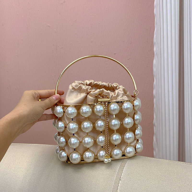 Champagne Elegant Velvet Wedding Party Evening Chain Clutch Bag with White Pearls