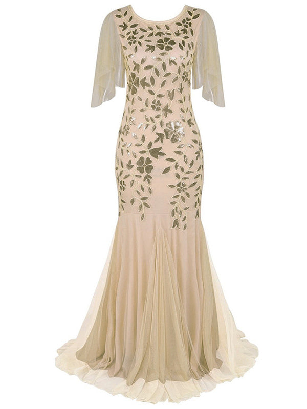 Mermaid/Trumpet Jewel Neck Short Sleeves Vintage Dress with Sequins