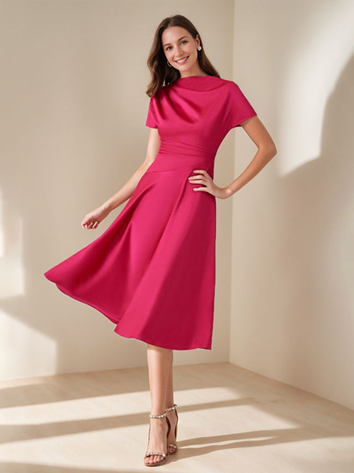 A-Line/Princess Scoop Neck Short Sleeves Knee-Length Elegant Wedding Guest Dress with Ruched
