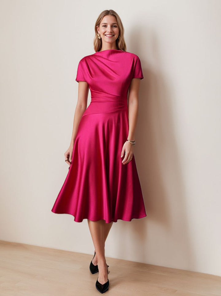 A-Line/Princess Scoop Neck Short Sleeves Knee-Length Elegant Wedding Guest Dress with Ruched