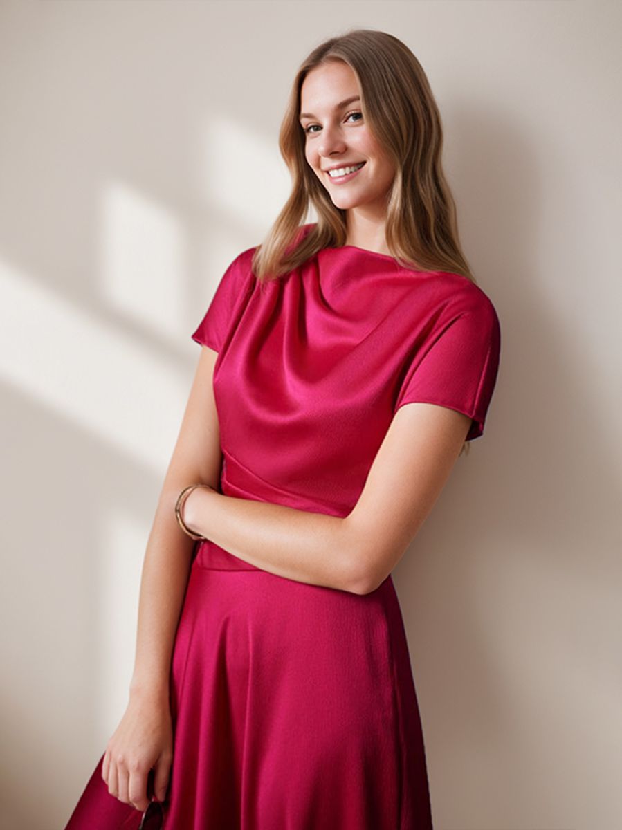 A-Line/Princess Scoop Neck Short Sleeves Knee-Length Elegant Wedding Guest Dress with Ruched