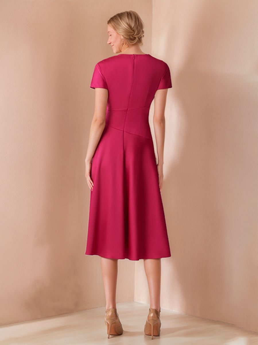 A-Line/Princess Scoop Neck Short Sleeves Knee-Length Elegant Wedding Guest Dress with Ruched