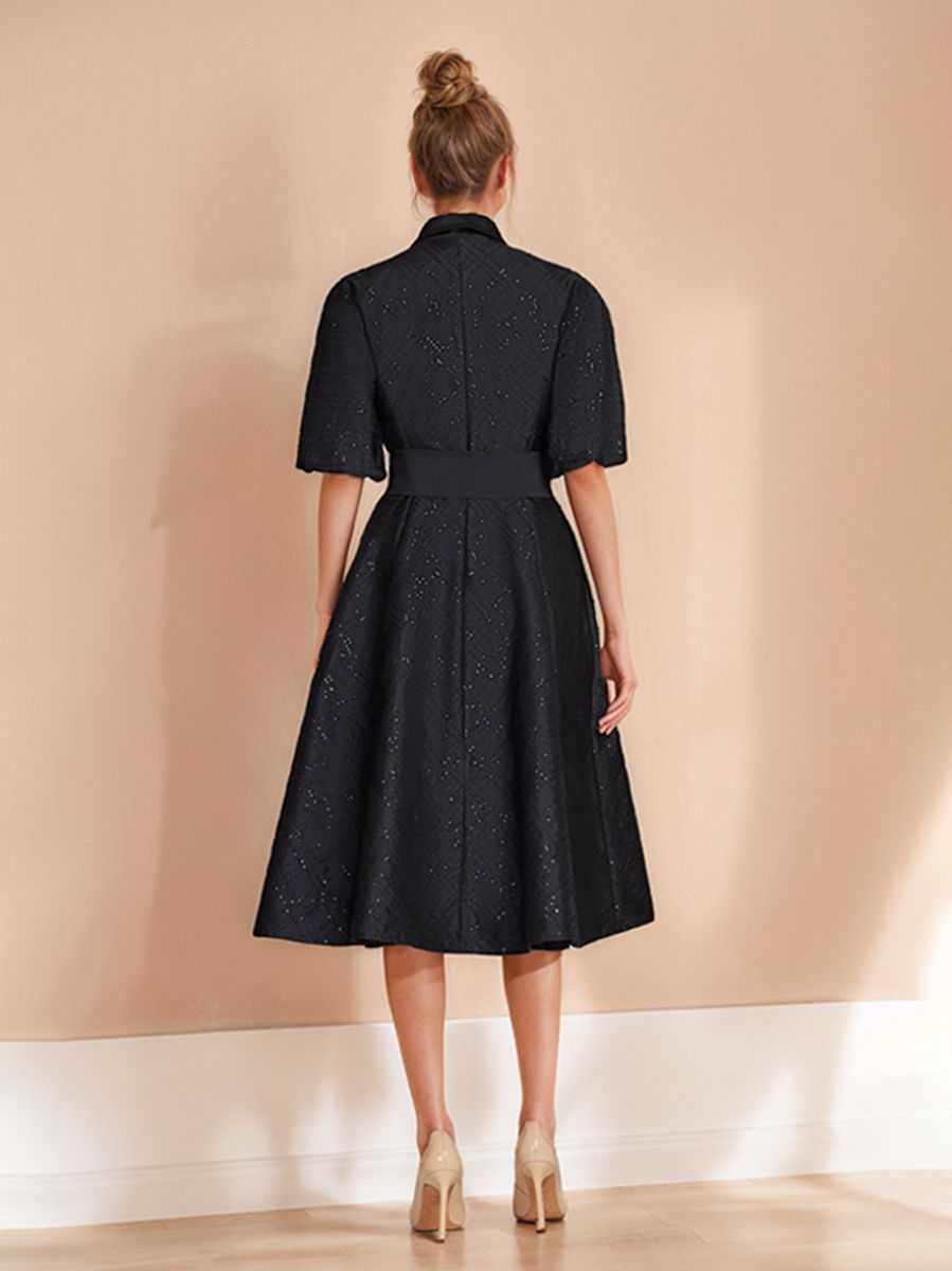 A-Line/Princess Shirt Collar Half Sleeves Knee-Length Chic Wedding Guest Dress with Bow Belt