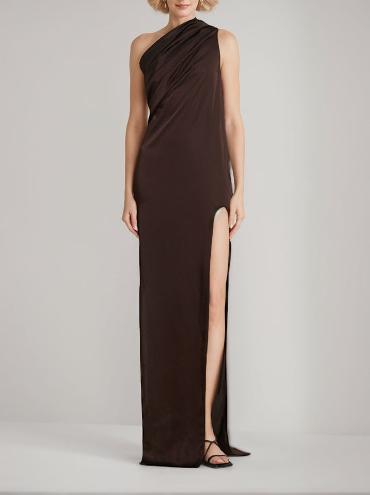 Sheath/Column One-Shoulder Sleeveless Wedding Guest Dress with Ruches & High Split