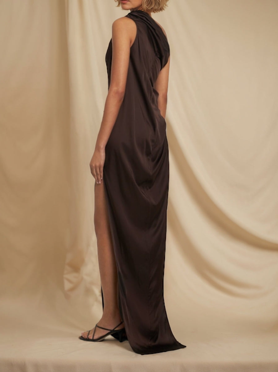 Sheath/Column One-Shoulder Sleeveless Wedding Guest Dress with Ruches & High Split