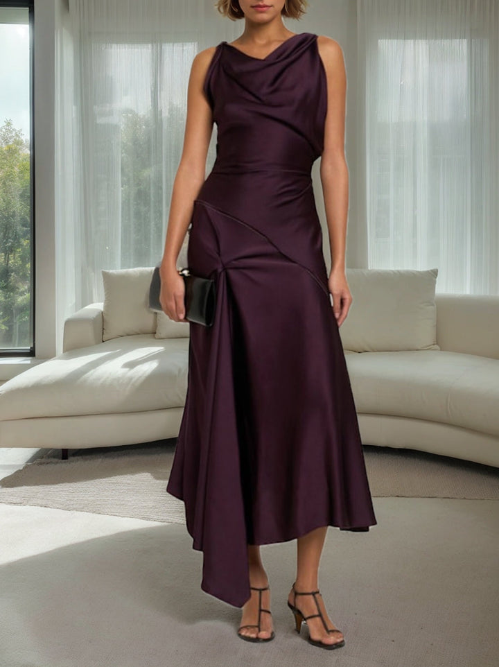Sheath/Column Cowl Neck Ruched Sleeveless Asymmetrical Elegant Wedding Guest Dress