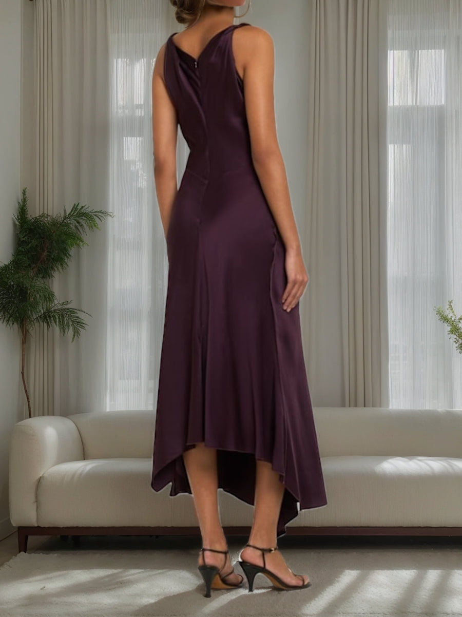 Sheath/Column Cowl Neck Ruched Sleeveless Asymmetrical Elegant Wedding Guest Dress