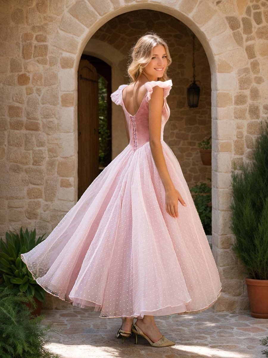 A-Line/Princess U-Neck Sleeveless Luxurious Retro Wedding Guest Dress with Ruffles & Dot