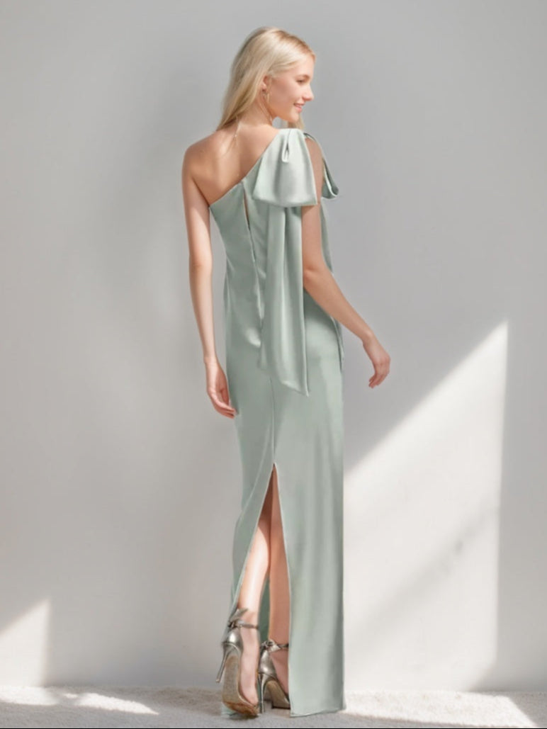 Sheath/Column One-shoulder Floor-length Wedding Guest Dress with Bow & Slit