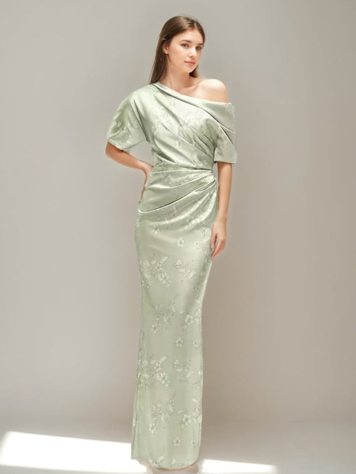Sheath/Column Printed Floral One-shoulder Half Sleeves Ruched Wedding Guest Dress with Slit