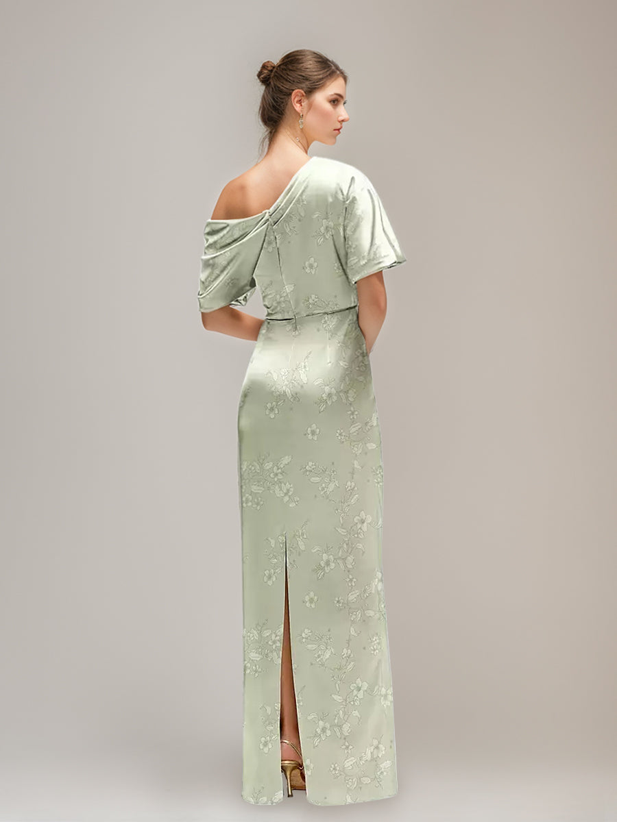 Sheath/Column Printed Floral One-shoulder Half Sleeves Ruched Wedding Guest Dress with Slit