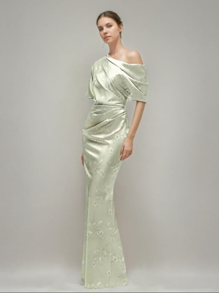 Sheath/Column Printed Floral One-shoulder Half Sleeves Ruched Wedding Guest Dress with Slit