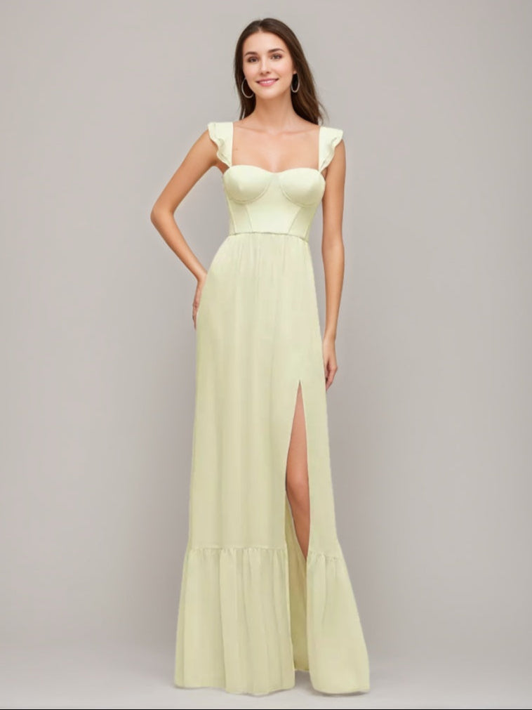 A-line/Princess Sweetheart Pleated Wedding Guest Dress with Ruffle Straps & High Slit