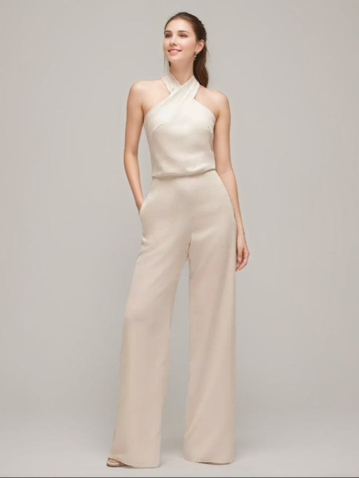 Criss-cross Halter Ruched Sleeveless Wedding Guest Jumpsuit with Self-tie Bow & Pockets