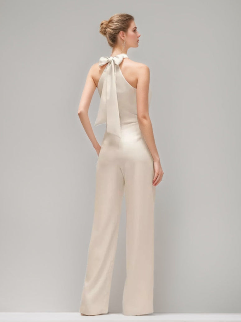 Criss-cross Halter Ruched Sleeveless Wedding Guest Jumpsuit with Self-tie Bow & Pockets
