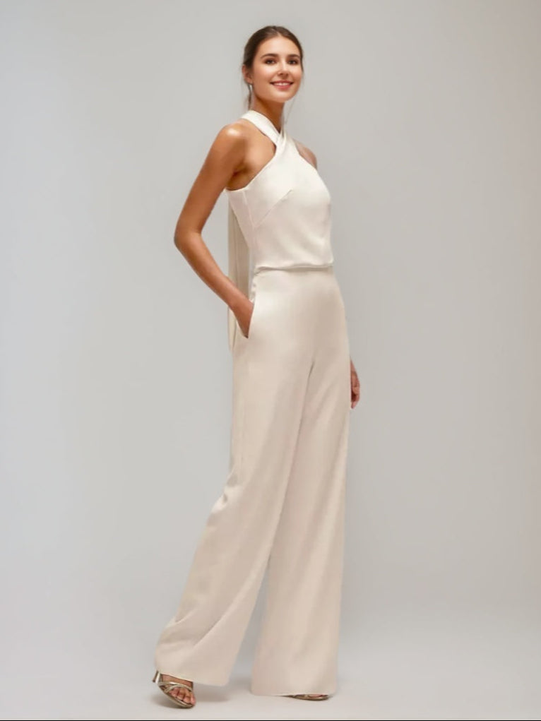 Criss-cross Halter Ruched Sleeveless Wedding Guest Jumpsuit with Self-tie Bow & Pockets