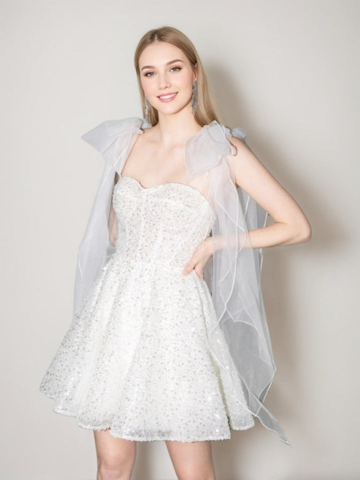 A-line/Princess Spaghetti Straps Short/Mini Wedding Dresses with Detachable Tulle Bow Straps & Sequins