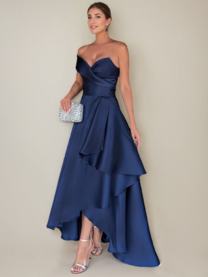 A-line/Princess Strapless Sleeveless Ruched Asymmetrical Wedding Guest Dresses with Ruffles