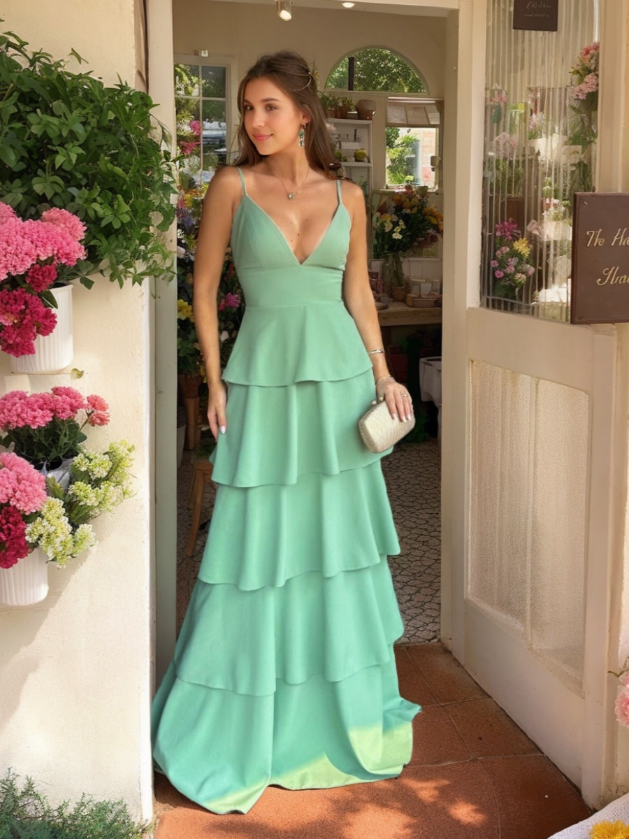 A-line/Princess Spaghetti Straps Plunge V-neck Floor-Length Wedding Guest Dresses with Ruffles