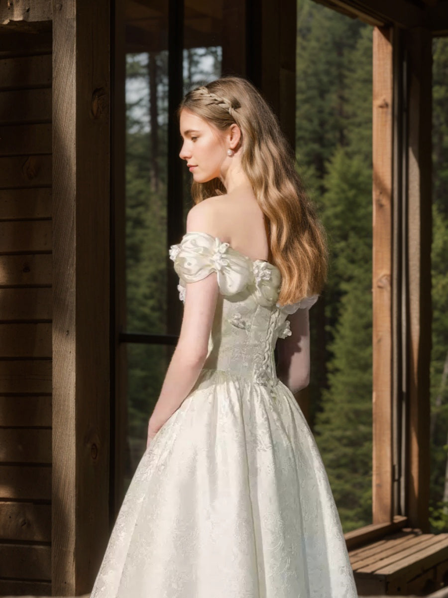 A-line/Princess Off-the-shoulder Ruched Floor-Length Pleated Wedding Dresses with 3D Flowers & Lace-up & Embroidery