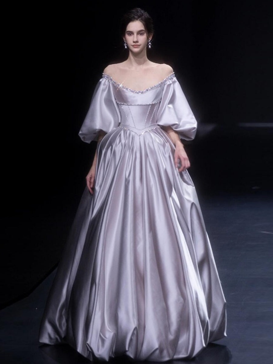 A-line/Princess Off-the-shoulder Puff Sleeves Floor-Length Pleated Wedding Dresses with Crystals