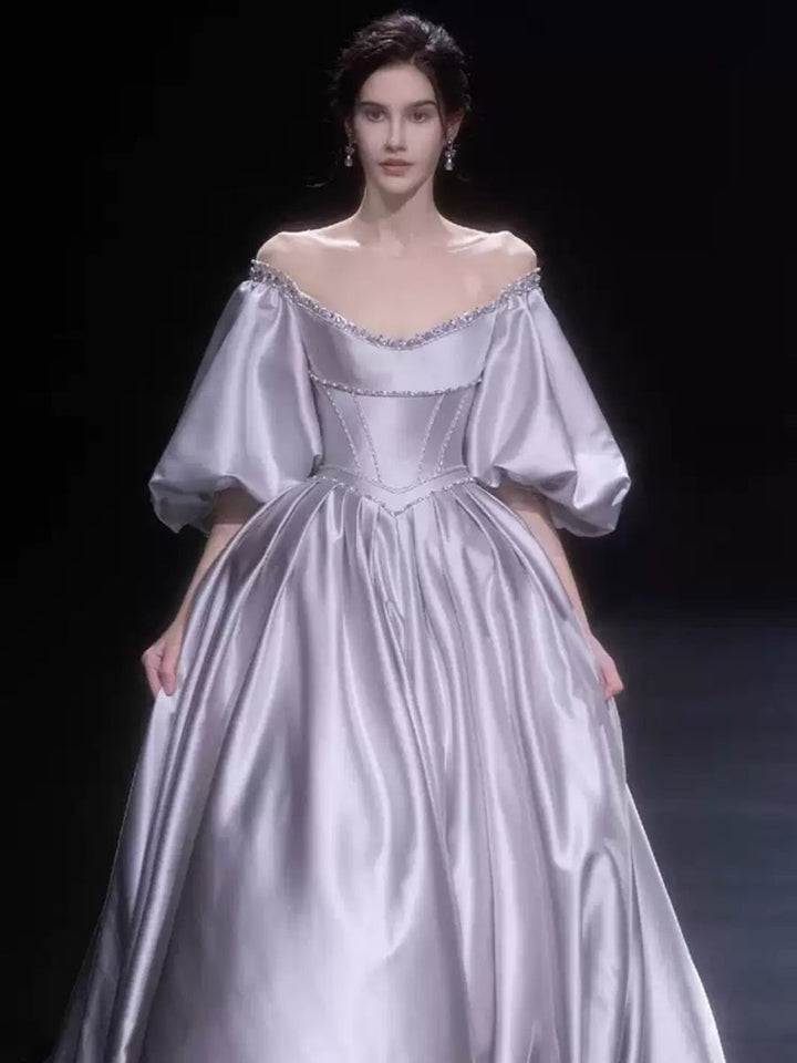 A-line/Princess Off-the-shoulder Puff Sleeves Floor-Length Pleated Wedding Dresses with Crystals