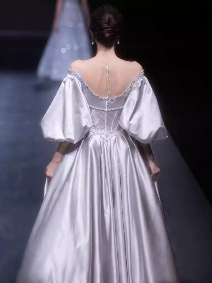 A-line/Princess Off-the-shoulder Puff Sleeves Floor-Length Pleated Wedding Dresses with Crystals