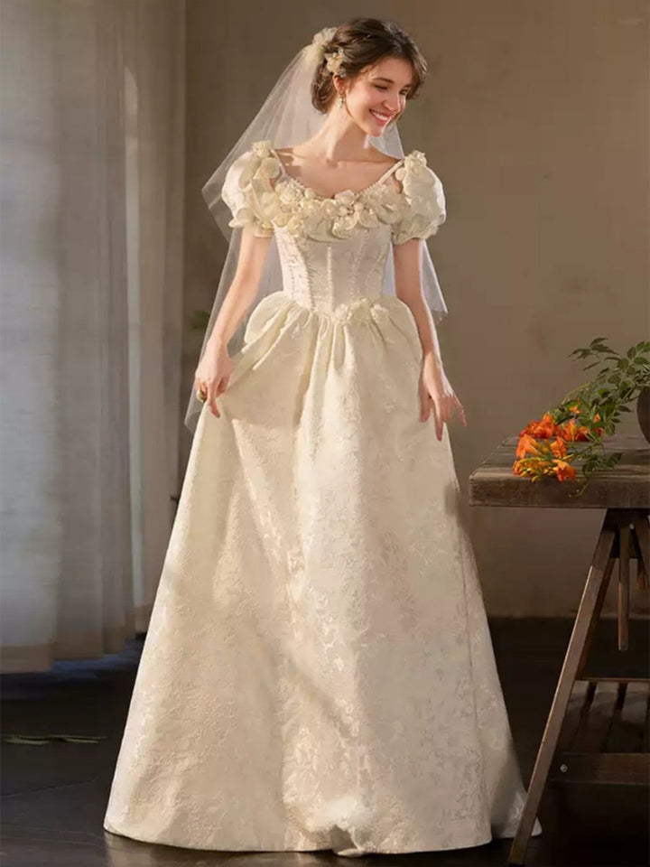 A-line/Princess Spaghetti Straps Puff Sleeves Wedding Dresses with Embroidery & 3D Flowers & Lace-up & Pearls & Lace