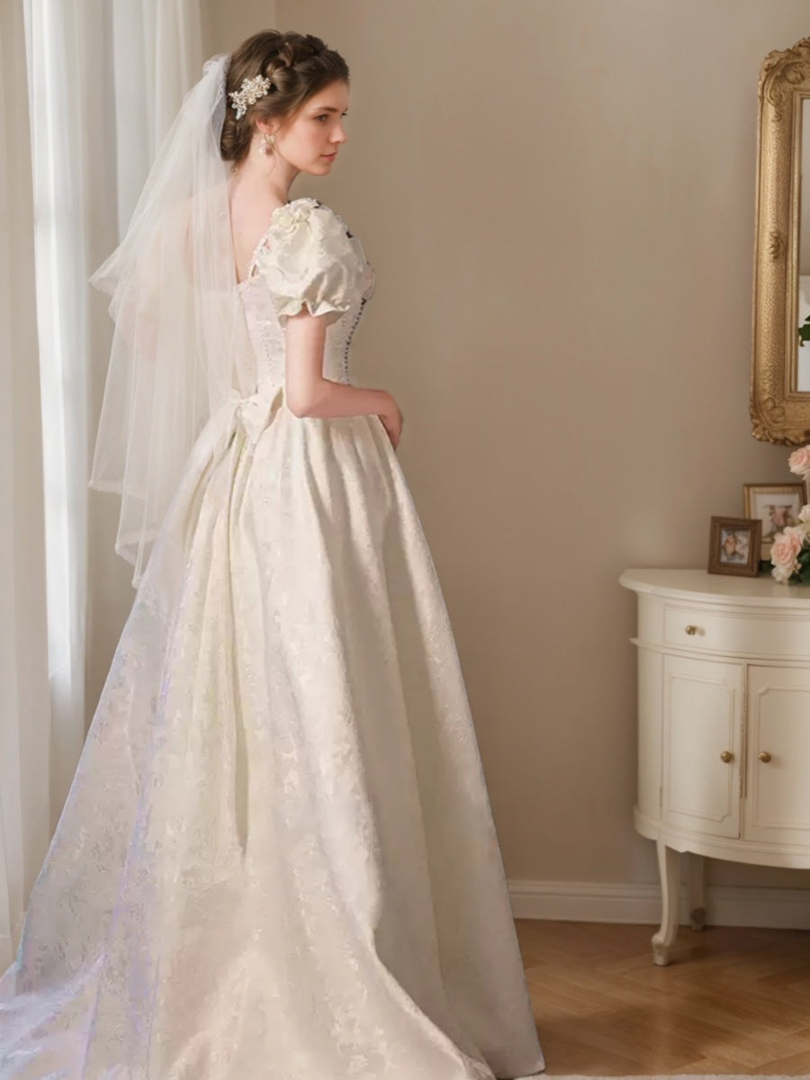 A-line/Princess Spaghetti Straps Puff Sleeves Wedding Dresses with Embroidery & 3D Flowers & Lace-up & Pearls & Lace