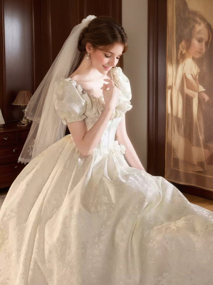 A-line/Princess Spaghetti Straps Puff Sleeves Wedding Dresses with Embroidery & 3D Flowers & Lace-up & Pearls & Lace