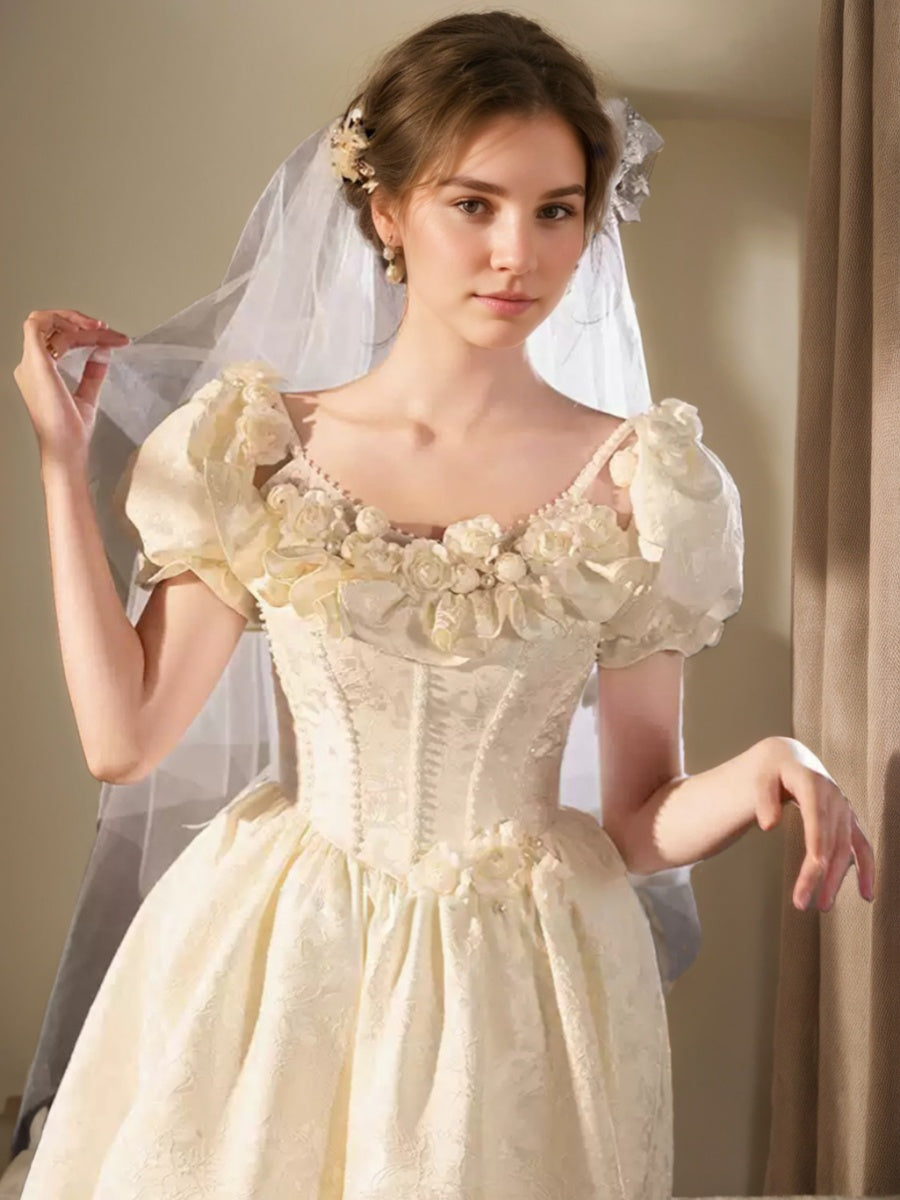A-line/Princess Spaghetti Straps Puff Sleeves Wedding Dresses with Embroidery & 3D Flowers & Lace-up & Pearls & Lace