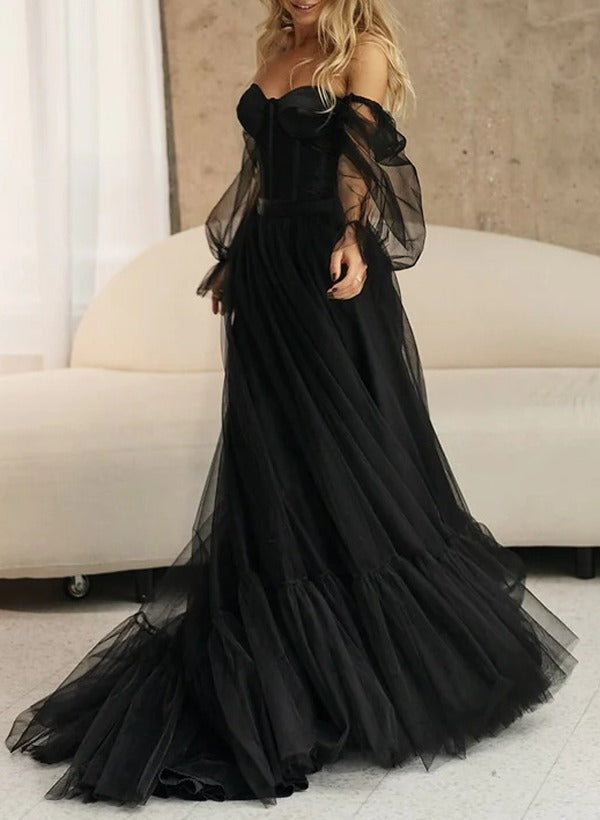 A-line/Princess Off-the-Shoulder 3/4 Sleeves Asymmetrical Black Wedding Dresses with Lace-up